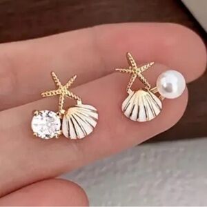 Gold Seashell & Starfish Stud Earrings with Pearl and Crystal